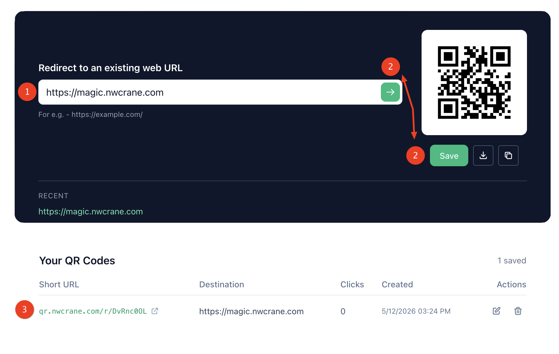 Annotated preview of the QR code generator: URL input, generated QR, and saved codes list